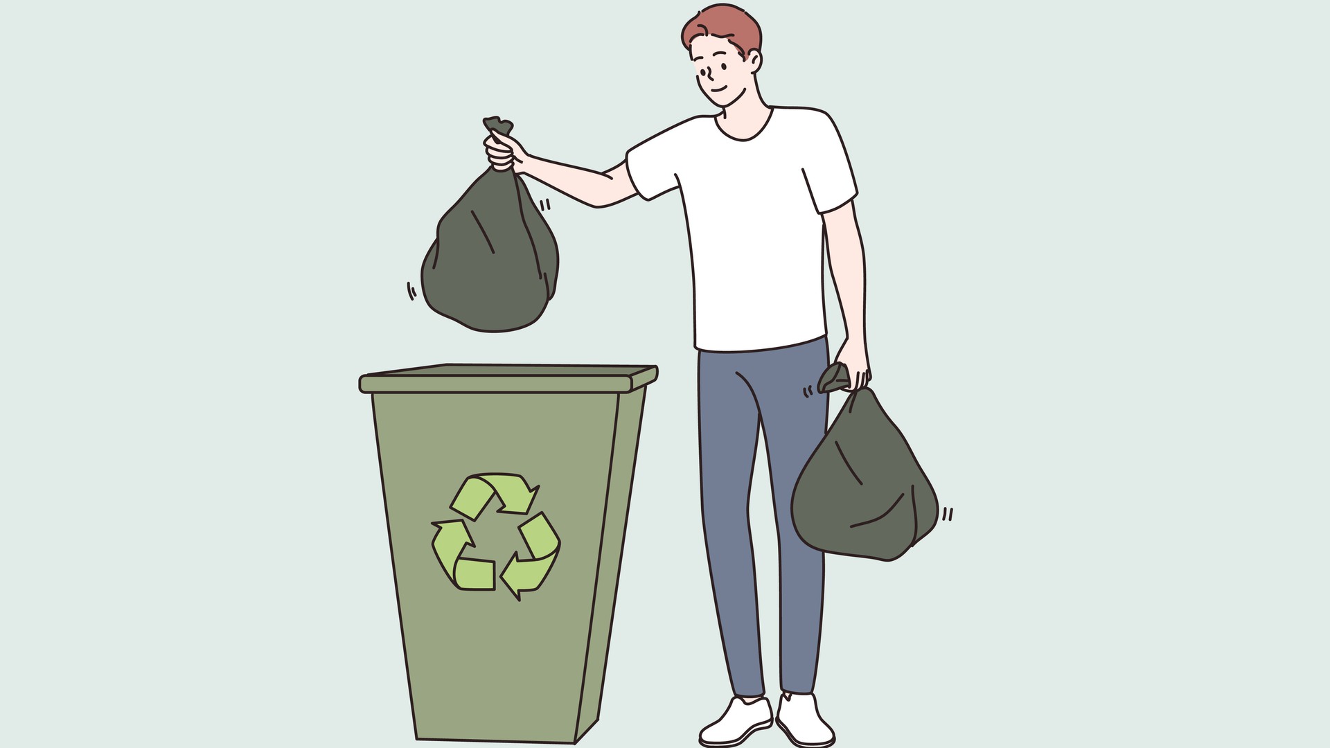 Illustration av en person som slänger sopor i en grön tunna.