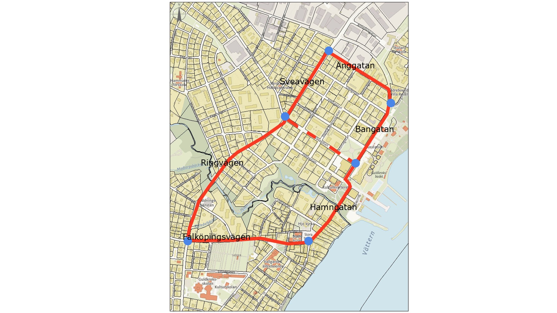 Karta som visar slingan för cruisingen i Hjo stad 2025. Informationen framgår av texten.