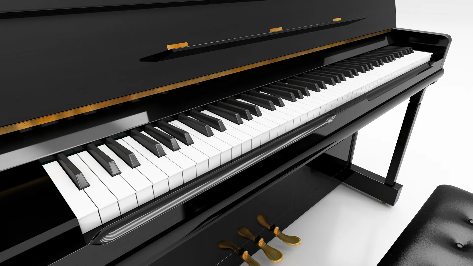 Upright piano on light background in studio