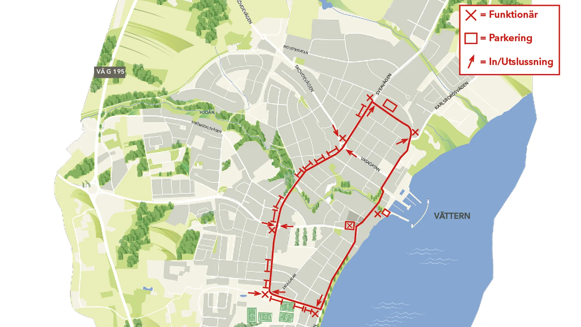 Karta som visar cruisingslingan genom Hjo stad för evenemanget år 2026.