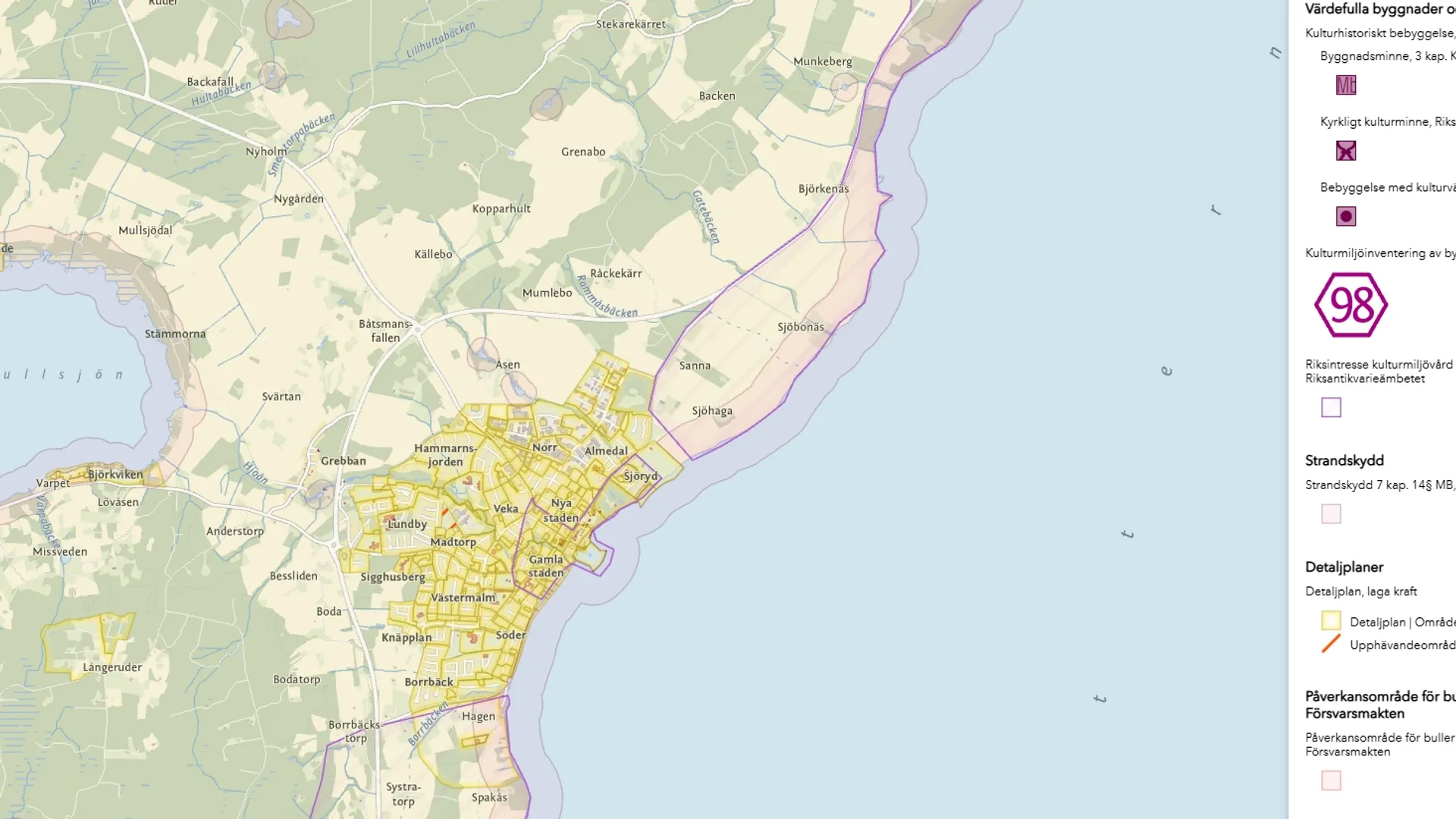 Karta att klicka på för att se olika bebyggelseområden och dess påverkan på bygglovsprövningen.