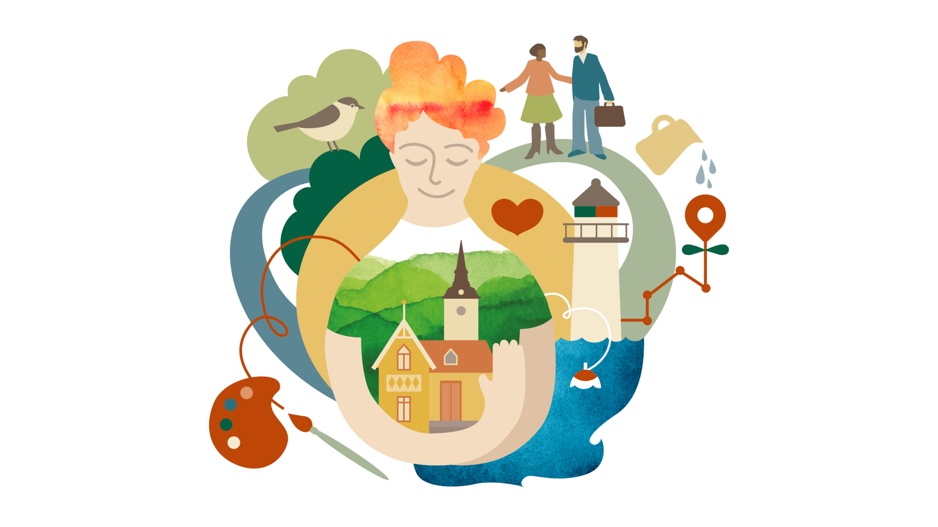 Illustration för utvecklingsområdet "En plats att välja". I mitten av bilden finns en person som omfamnar sekelskifteshus. Runtomkring syns  bland annat människor, Hjo hamn och natur.