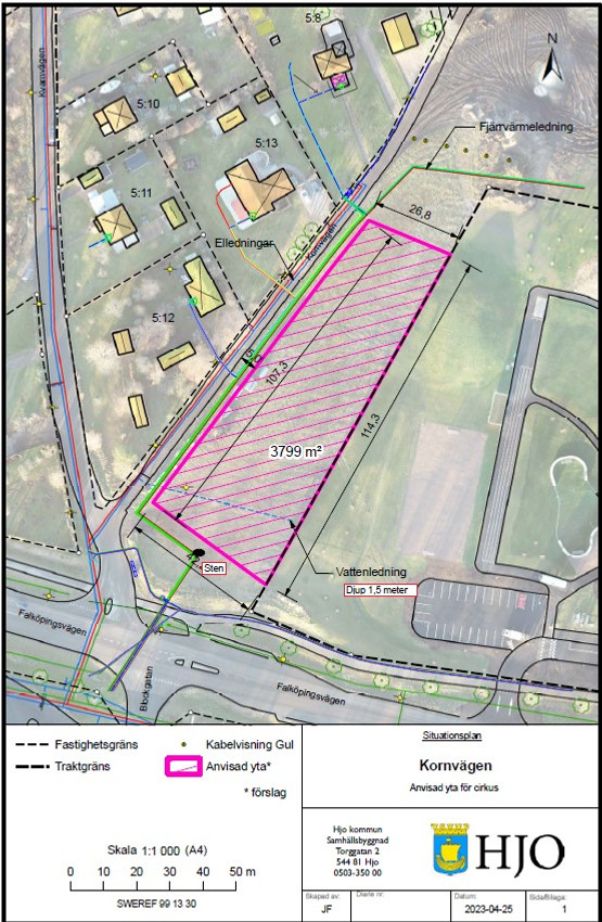 En karta över ett stort område med en markerad yta för cirkusplats.