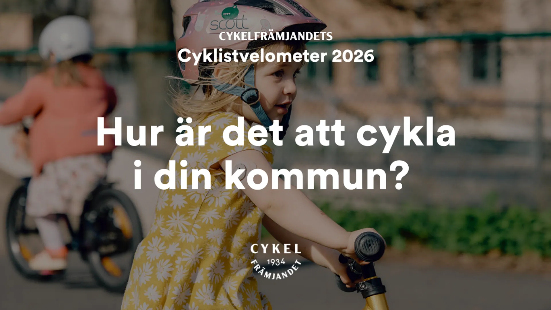 Barn som cyklar i bakgrunden med texten "hur är det att cykla i din kommun?" i förgrunden.