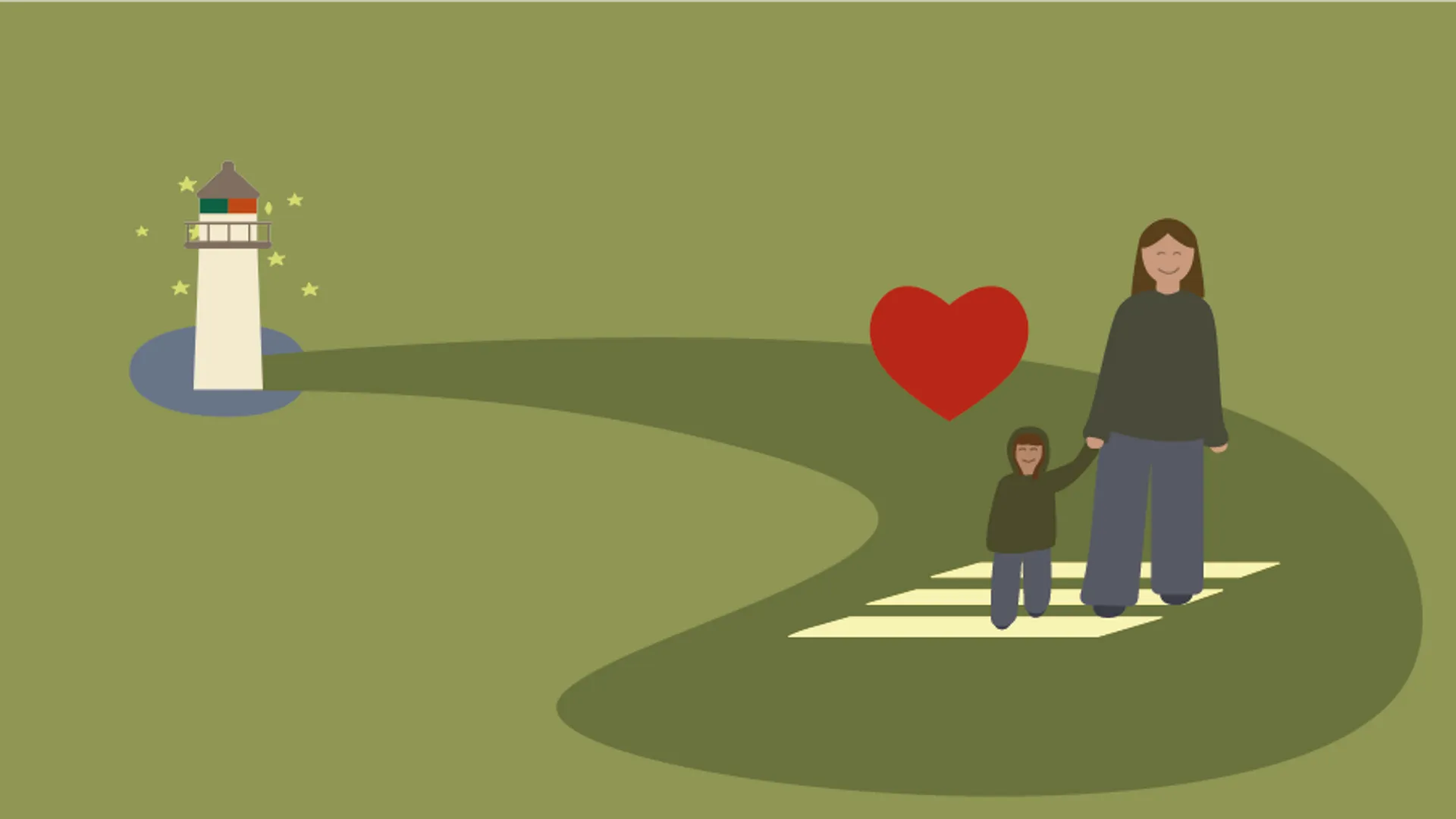 Gröna illustrationer med Hjo-fyren, en vuxen och ett barn som håller hand och ett rött hjärta.