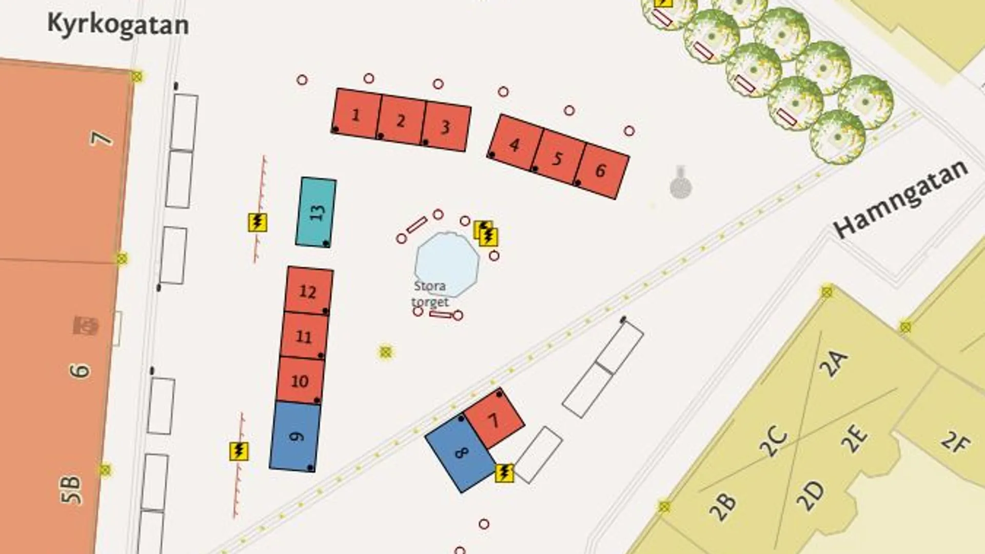 En karta över torghandelsplatser på Stora torget. 