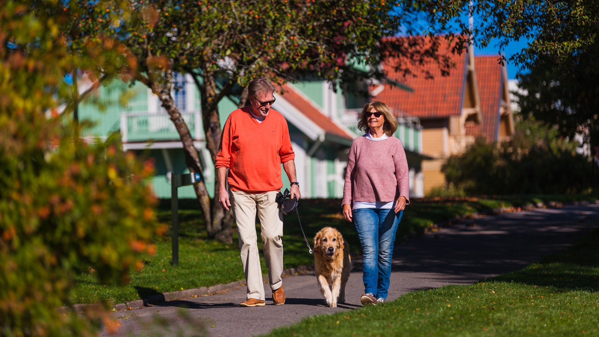 Två personer promenerar med en hund i stadsparken på hösten.