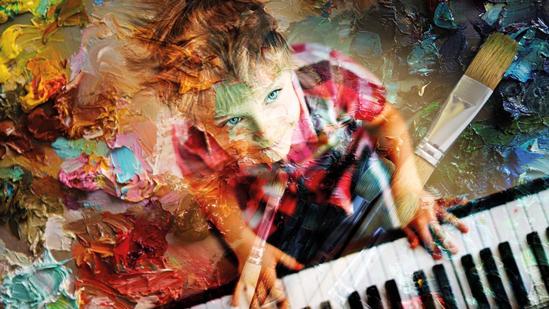 Collagebild med ett barn i rutig skjorta som spelar piano. Övertonat i bilden finns penslar och oljefärger.